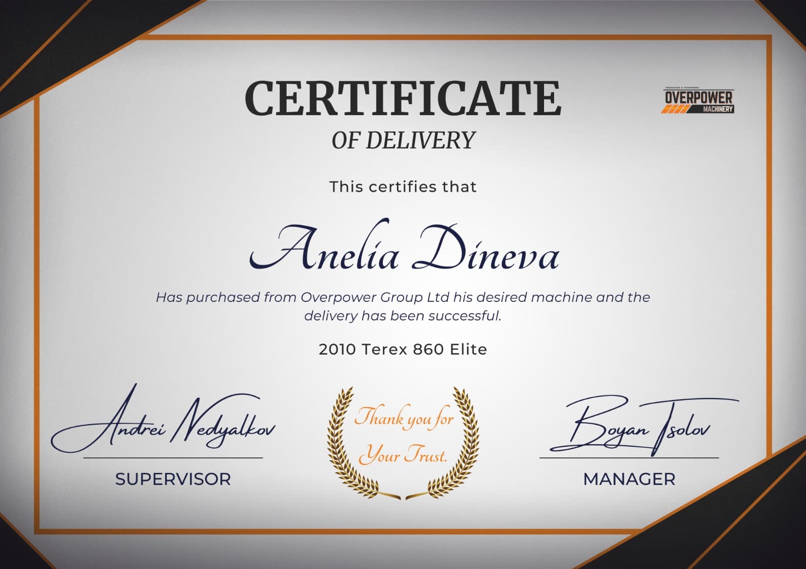 Anelia Dineva certificate